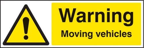 16504M Warning moving vehicles Rigid Plastic (600x200mm) Safety Sign