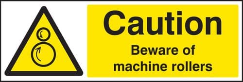24263G Caution beware of machine rollers Self Adhesive Vinyl (300x100mm) Safety Sign