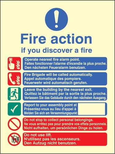 31435E Multi-lingual fire action auto with lift Photoluminescent Rigid (200x150mm) Safety Sign