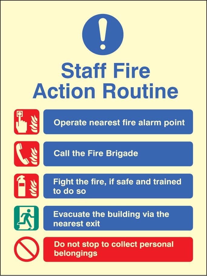 31439E Staff fire action Photoluminescent Rigid 200x150mm Safety Sign