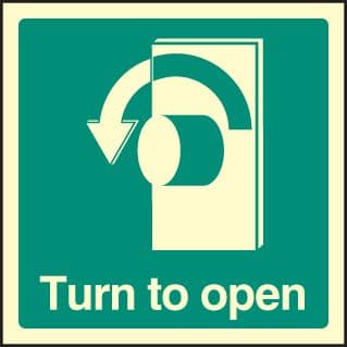 32034U Turn to open - left Photoluminescent Rigid (100x100mm) Safety Sign