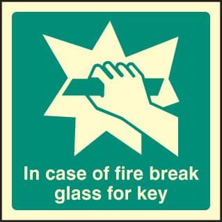 32044F In event of fire break glass for key Photoluminescent Rigid (200x200mm) Safety Sign