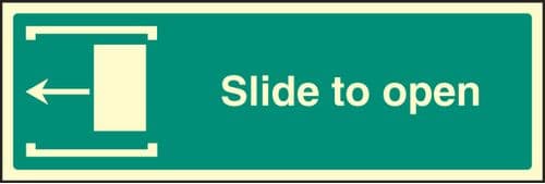 32045G Slide to open left Photoluminescent Rigid (300x100mm) Safety Sign