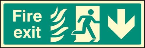32092G Fire exit down photo HTM Photoluminescent Rigid (300x100mm) Safety Sign