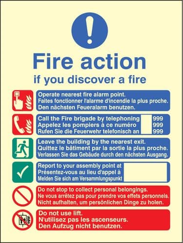 41436E Multi-lingual fire action manual lift Photoluminescent S/A Vinyl (200x150mm) Safety Sign