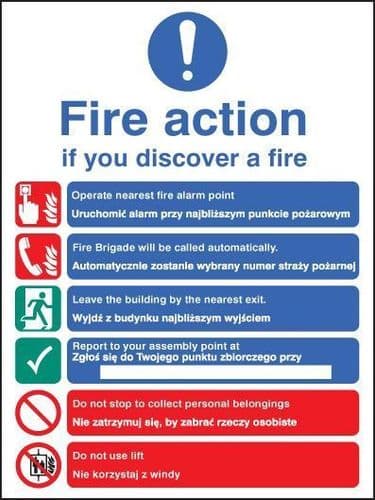 41440E Fire action auto dial with lift (English & Polish) Safety Sign