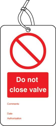 53425 Do not close valve double sided safety tags (pack of 10) (80x150mm) Safety Sign