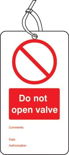 53429 Do not open valve double sided safety tags (pack of 10) (80x150mm) Safety Sign