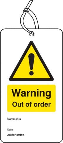 55057 Warning out of order double sided safety tags (pack of 10) (80x150mm) Safety Sign