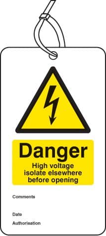55067 Danger high voltage isolate elsewhere D/S tag pk of 10 (80x150mm) Safety Sign