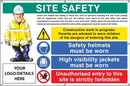 55124 Site safety, helmets, hi-vis, unauthorised entry custom banner c/w eyelets (1270x810mm)