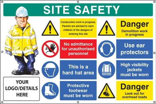 55128 Site safety, multi-message, demolition work, custom banner c/w eyelets (1270x810mm)