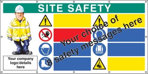 55129 Site safety, multi-message, design your own custom banner c/w eyelets (2440x1270mm)