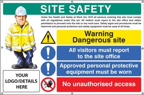 55137 Site safety, dangerous site, visitors, PPE, access, custom banner c/w eyelets (1270x810mm)