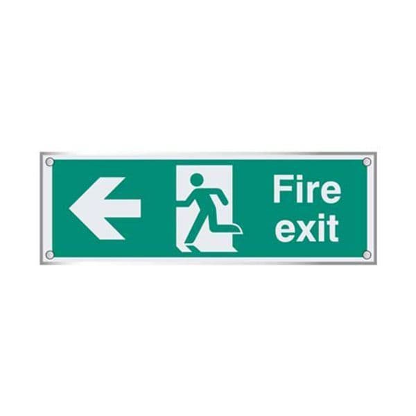 59467 Fire exit left visual impact 5mm acrylic sign 450x150mm c/w stand ...