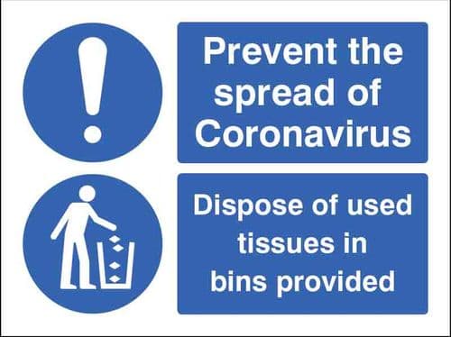 Prevent the spread of coronavirus Dispose of used tissues... (Pack of 5: 200x150mm SAV labels)