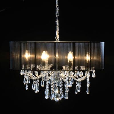 Antique French Cut Glass Chrome Chandelier with Black Shade 8 arm