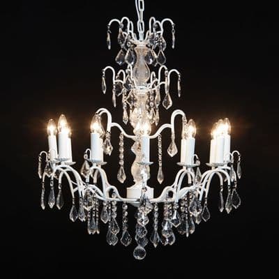 Antique French Cut Glass Crackle White Chandelier 12 arm