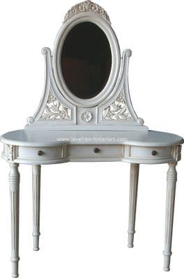 Antique White French Dressing Table and Mirror Set