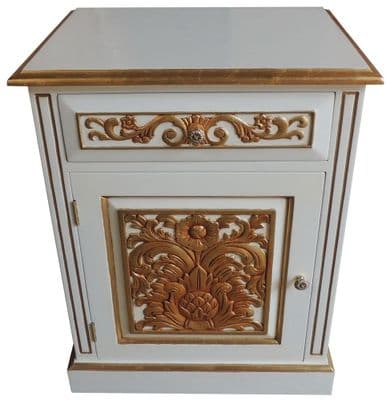Bedside with Carved Front in White and Gold