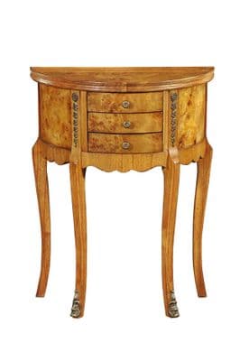 Demi Lune Table with 3 Drawers in Burr Walnut