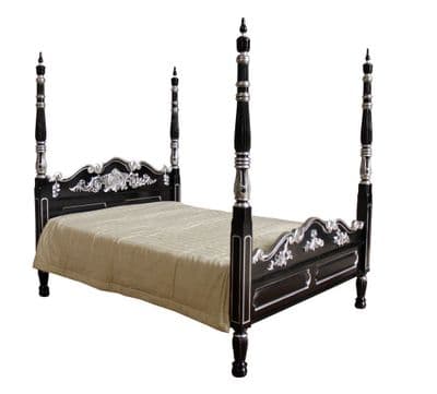 Four Poster Bed in Black with Silver Highlights