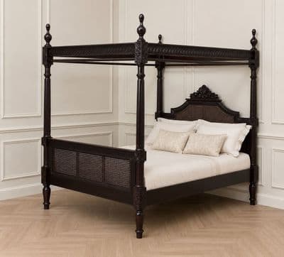 Four Poster Bed with Rattan in Dark Mahogany