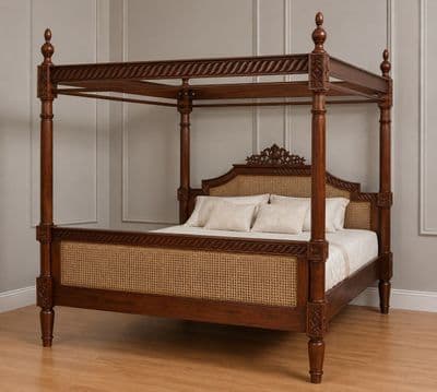 Four Poster Bed with Rattan in Mahogany