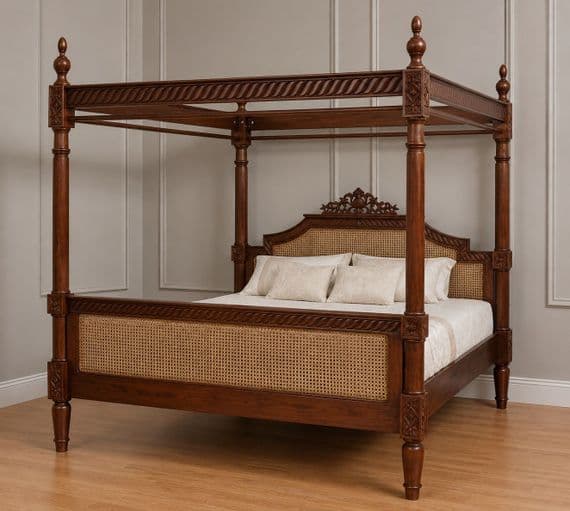 Four Poster Bed with Rattan in Mahogany