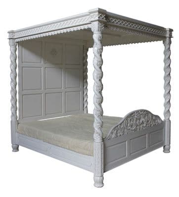 Four Poster Canopy Floral Bed in Antique White