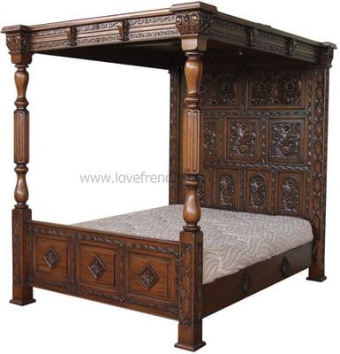 Four Poster Carved Canopy Bed in Dark Oak