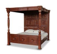 Four Poster Carved Canopy Bed in Gold