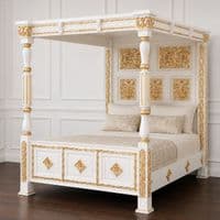 Four Poster Carved Canopy Bed in Gold