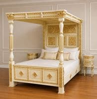 Four Poster Carved Canopy Bed in Gold