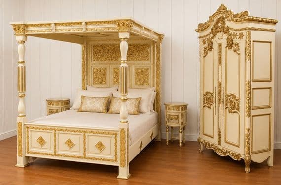 Four Poster Carved Canopy Bed in Gold
