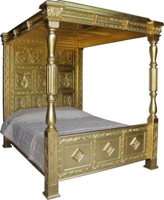 Four Poster Carved Canopy Bed in Gold