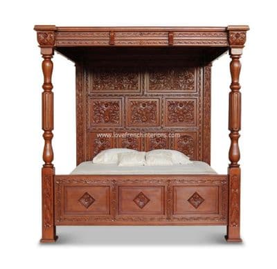 Four Poster Carved Canopy Bed in Mahogany