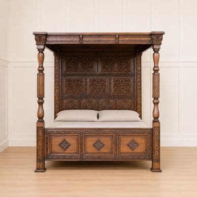 Four Poster Carved Canopy Bed in Medium Oak