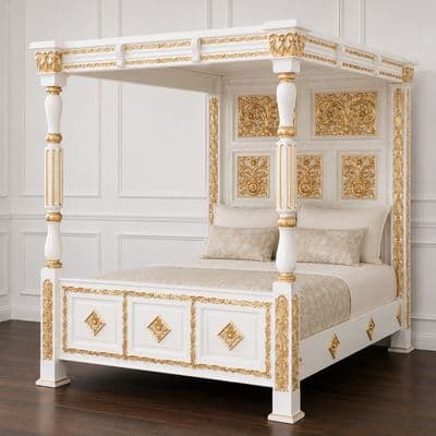 Four Poster Carved Canopy Bed in White and Gold