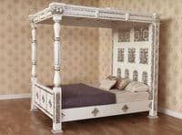 Four Poster Carved Canopy Bed in White and Silver