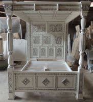 Four Poster Carved Canopy Bed in White and Silver