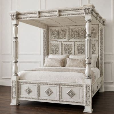 Four Poster Carved Canopy Bed in White and Silver