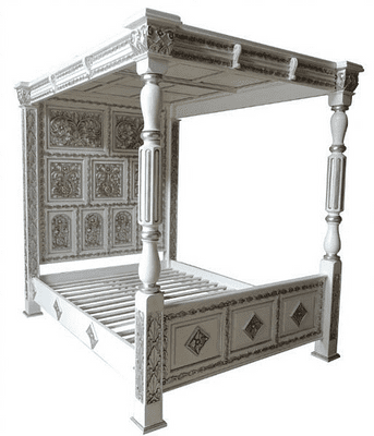 Four Poster Carved Canopy Bed in White and Silver