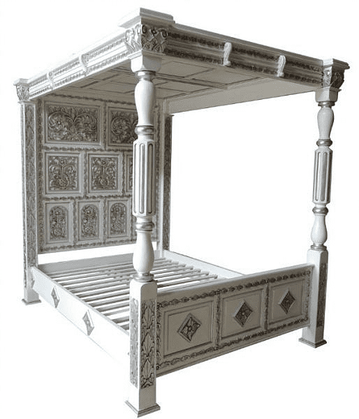 Four Poster Carved Canopy Bed in White and Silver