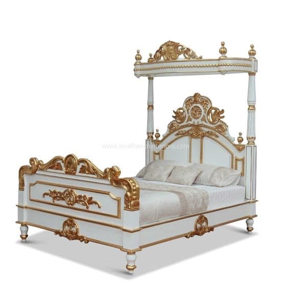 Four Poster Half Tester Bed in White and Gold