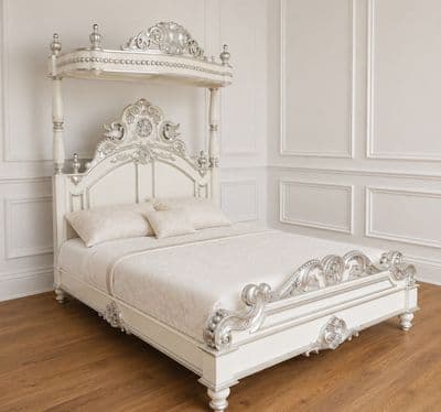 Four Poster Half Tester Bed in White and Silver