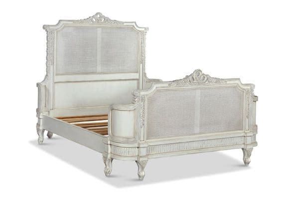 French Rattan Bed in Distressed White