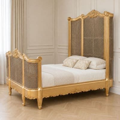 French Rattan Bed with High Headboard