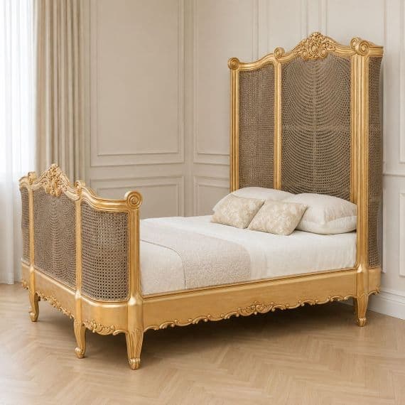 French Rattan Bed with High Headboard