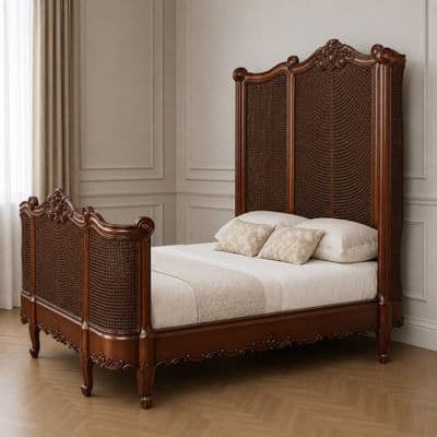 French Rattan Mahogany Bed with High Headboard